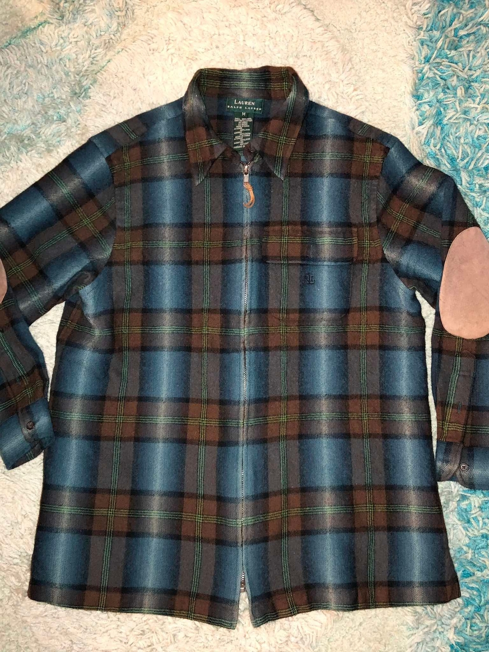 Lauren Ralph Lauren Men's M Blue Brown Green Plaid Wool Jacket Full Zip